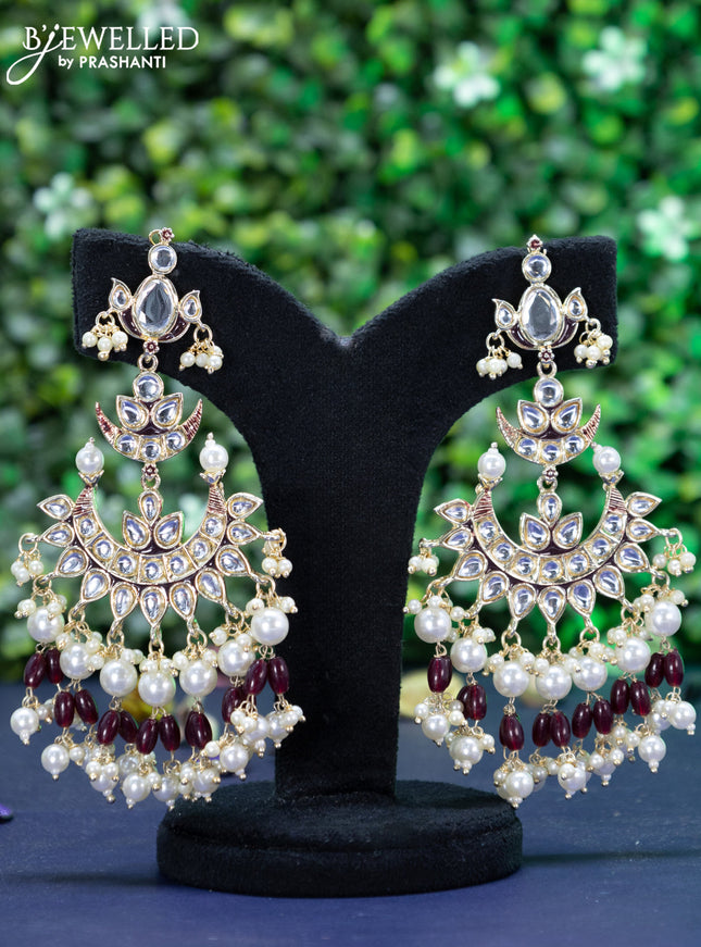 Fashion dangler chandbali maroon minakari earrings with kundan stones and beads hanging