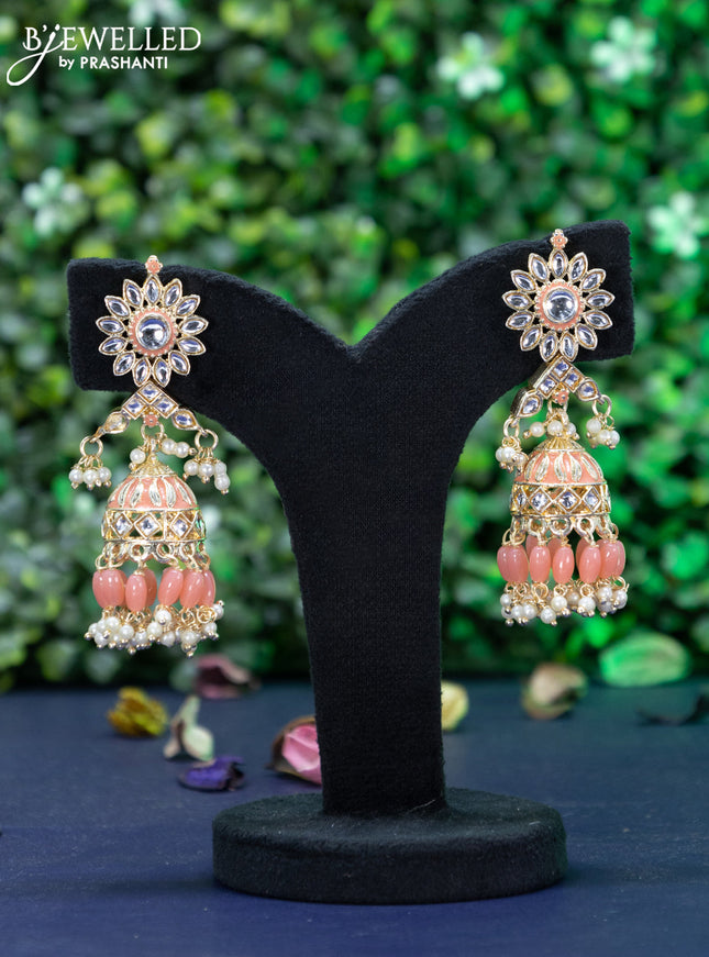 Fashion dangler peach minakari jhumkas with kundan stones and pearl hangings