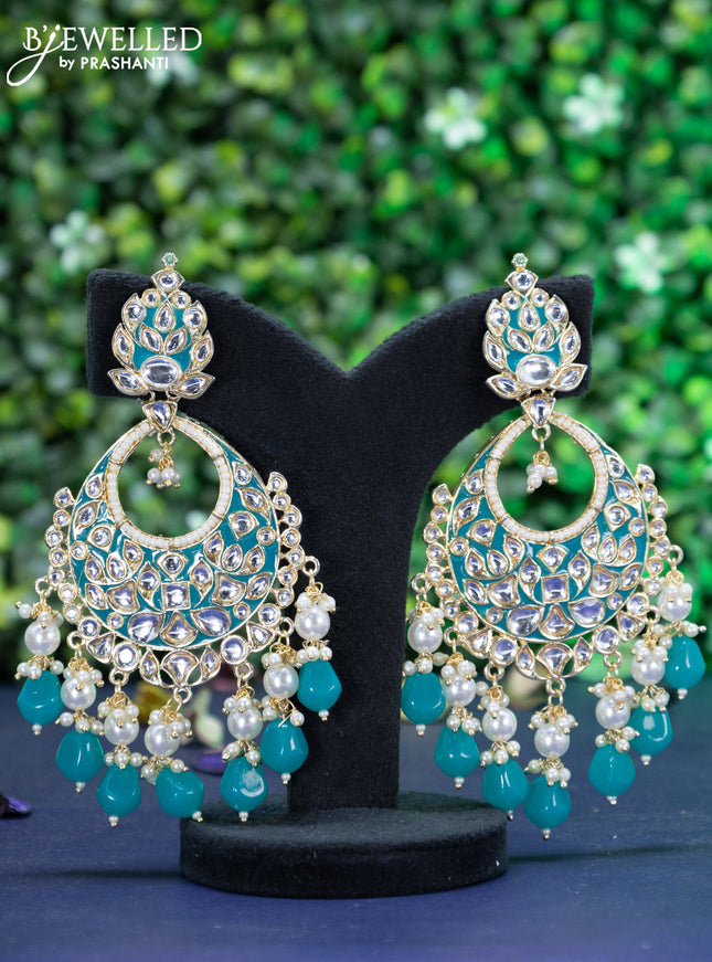 Fashion dangler chandbali teal blue minakari earrings with kundan stones and beads hanging