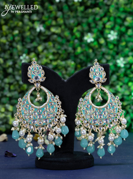 Fashion dangler chandbali teal blue minakari earrings with kundan stones and beads hanging
