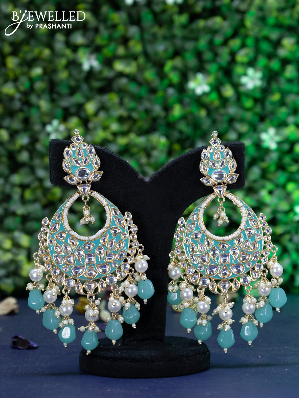 Fashion dangler chandbali teal blue minakari earrings with kundan