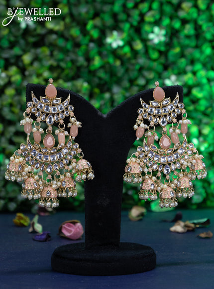 Fashion dangler chandbali peach minakari earrings with kundan stones and pearl hangings