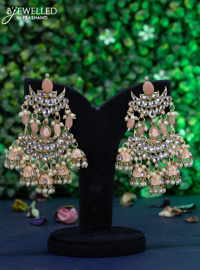 Fashion dangler chandbali peach minakari earrings with kundan stones and pearl hangings