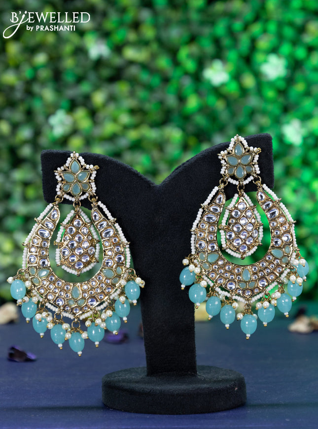 Fashion dangler earrings teal blue and kundan stones with beads hangings
