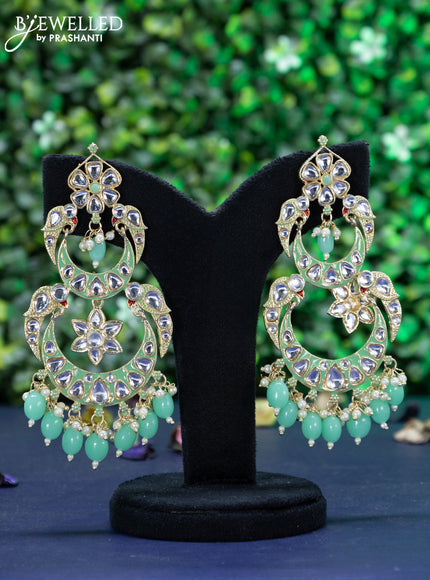 Fashion dangler chandbali teal green minakari earrings with pearl and beads hangings