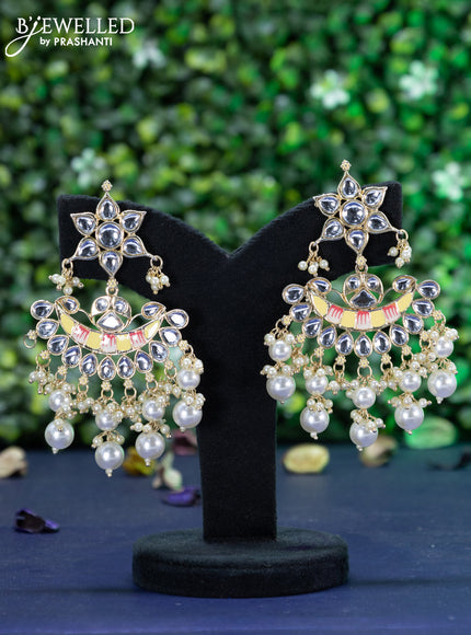 Fashion dangler chandbali cream minakari earrings with kundan stones and beads hanging