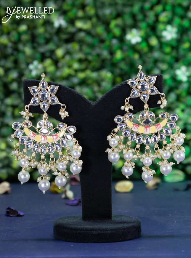 Fashion dangler chandbali cream minakari earrings with kundan stones and beads hanging