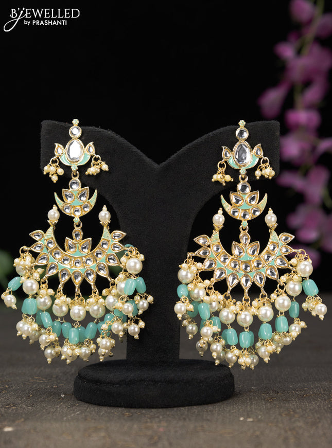 Fashion dangler chandbali teal blue minakari earrings with kundan stones and beads hanging