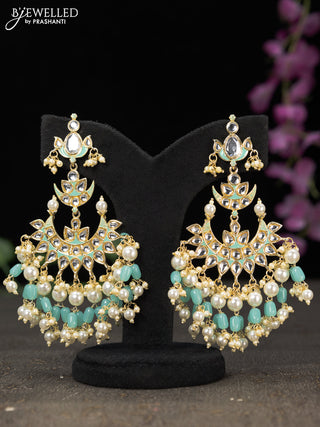 Fashion dangler chandbali teal blue minakari earrings with kundan stones and beads hanging