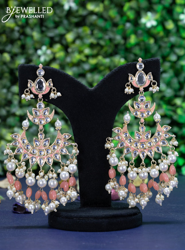 Fashion dangler chandbali peach minakari earrings with kundan stones and beads hanging