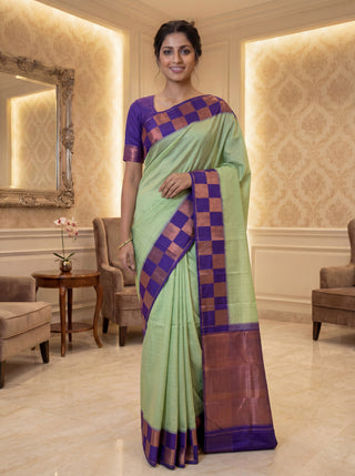 Pure kanjivaram silk saree pastel grey and blue with allover zari checked pattern and copper zari woven box type border