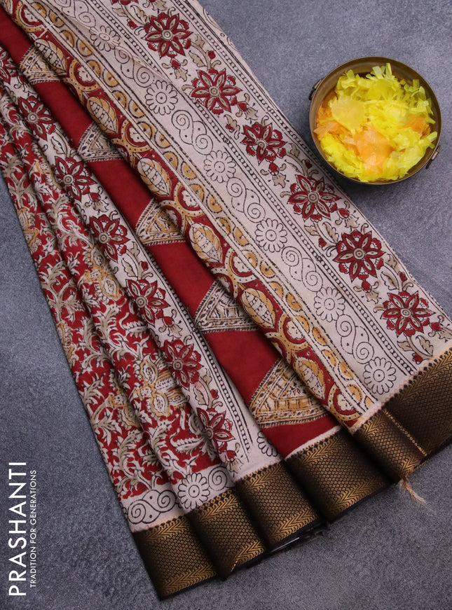 Semi mangalgiri silk saree maroon and deep coffee brown with allover kalamkari block prints and zari woven border