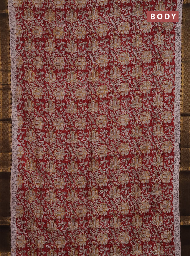Semi mangalgiri silk saree maroon and deep coffee brown with allover kalamkari block prints and zari woven border