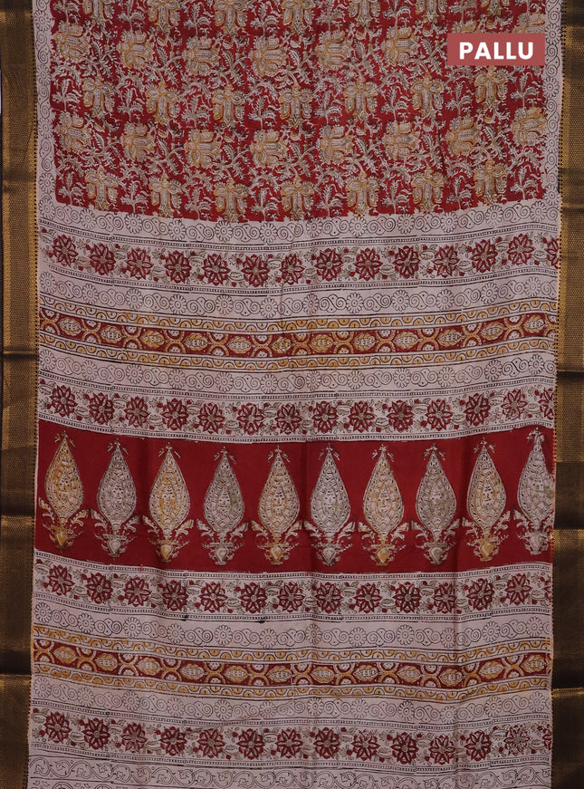 Semi mangalgiri silk saree maroon and deep coffee brown with allover kalamkari block prints and zari woven border