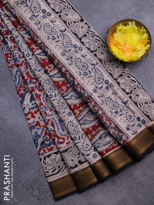 Semi mangalgiri silk saree maroon and deep coffee brown with allover kalamkari block prints and zari woven border