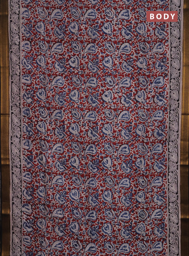 Semi mangalgiri silk saree maroon and deep coffee brown with allover kalamkari block prints and zari woven border