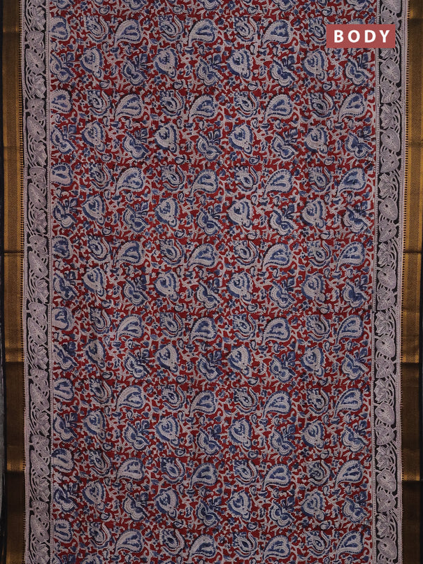Semi mangalgiri silk saree maroon and deep coffee brown with allover kalamkari block prints and zari woven border
