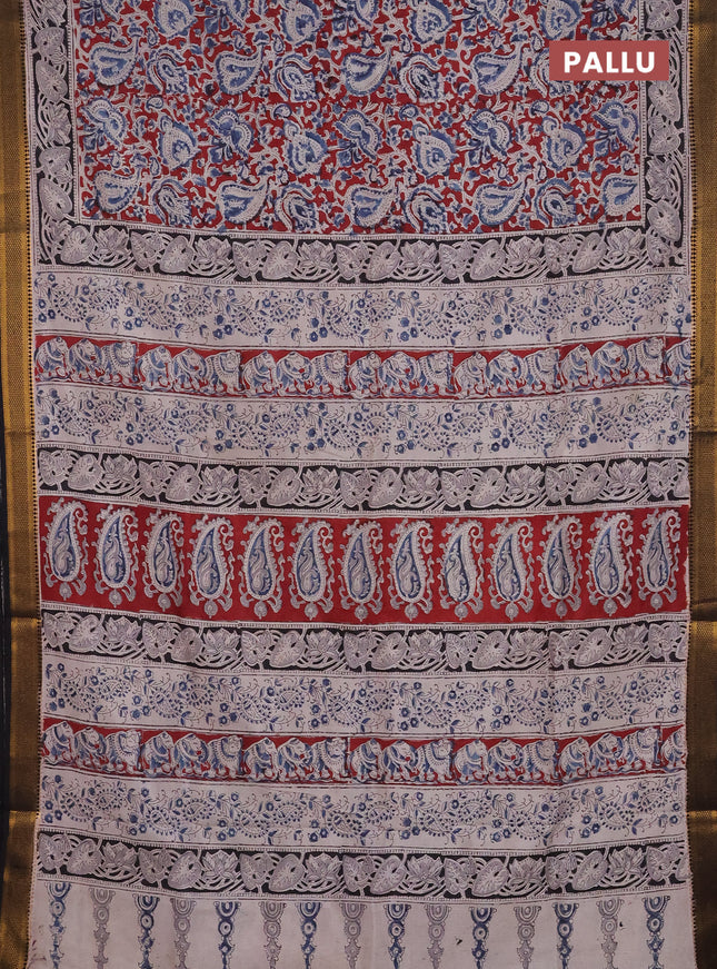 Semi mangalgiri silk saree maroon and deep coffee brown with allover kalamkari block prints and zari woven border