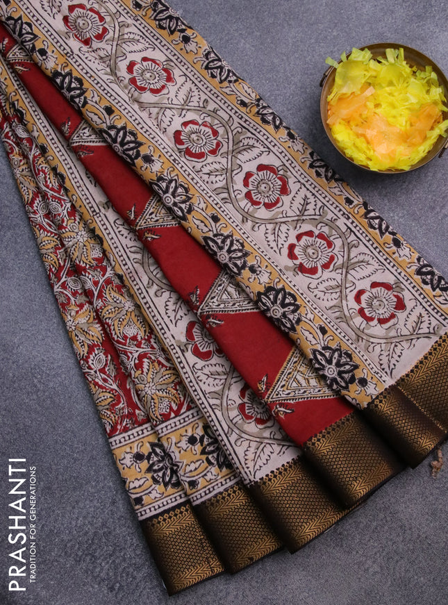 Semi mangalgiri silk saree maroon and deep coffee brown with allover kalamkari block prints and zari woven border
