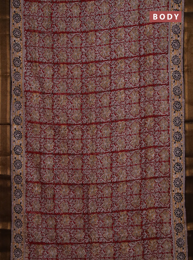 Semi mangalgiri silk saree maroon and deep coffee brown with allover kalamkari block prints and zari woven border