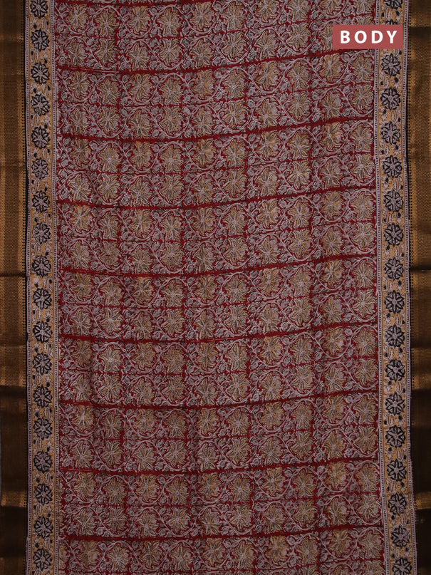 Semi mangalgiri silk saree maroon and deep coffee brown with allover kalamkari block prints and zari woven border