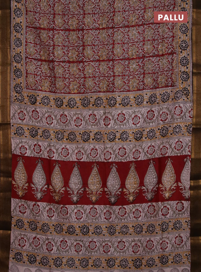 Semi mangalgiri silk saree maroon and deep coffee brown with allover kalamkari block prints and zari woven border