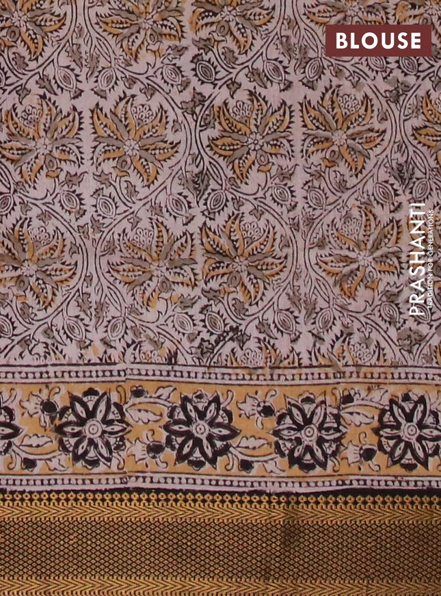 Semi mangalgiri silk saree maroon and deep coffee brown with allover kalamkari block prints and zari woven border