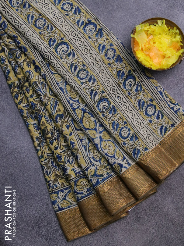 Semi mangalgiri silk saree yellow and mehendi green with allover kalamkari block prints and zari woven border