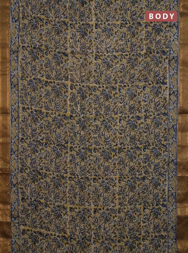 Semi mangalgiri silk saree yellow and mehendi green with allover kalamkari block prints and zari woven border