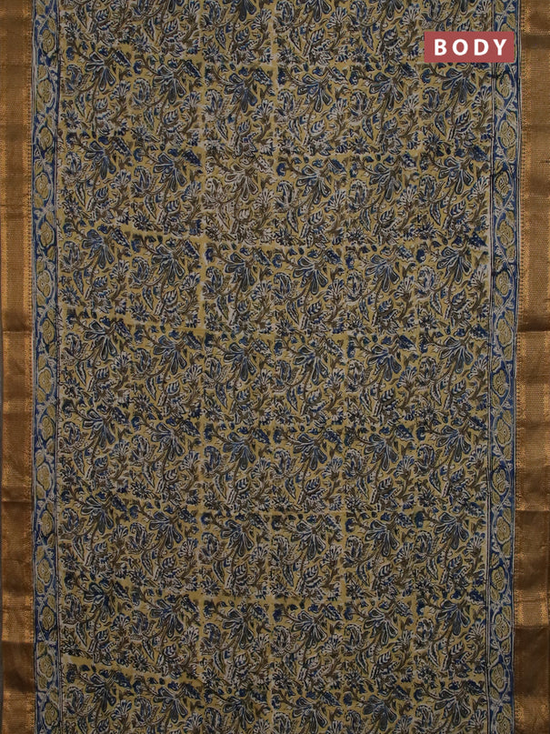 Semi mangalgiri silk saree yellow and mehendi green with allover kalamkari block prints and zari woven border