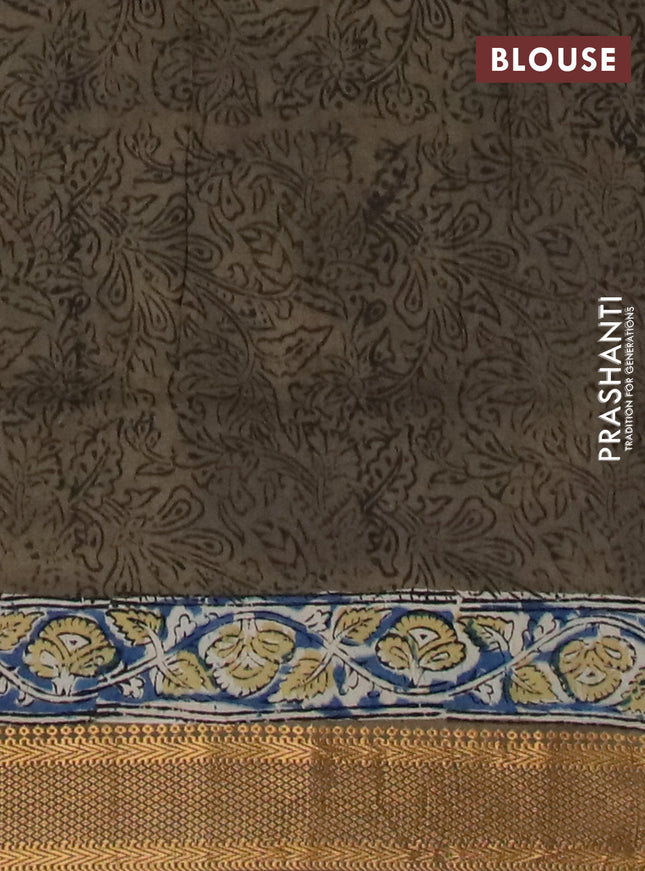 Semi mangalgiri silk saree yellow and mehendi green with allover kalamkari block prints and zari woven border