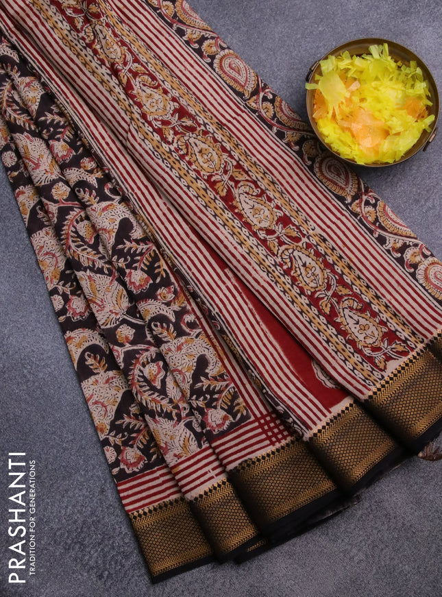 Semi mangalgiri silk saree deep coffee brown and beige maroon with allover kalamkari block prints and zari woven border