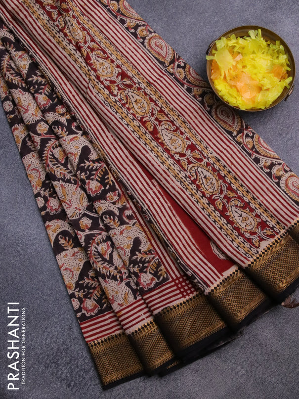Semi mangalgiri silk saree deep coffee brown and beige maroon with allover kalamkari block prints and zari woven border