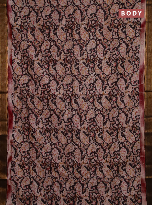 Semi mangalgiri silk saree deep coffee brown and beige maroon with allover kalamkari block prints and zari woven border