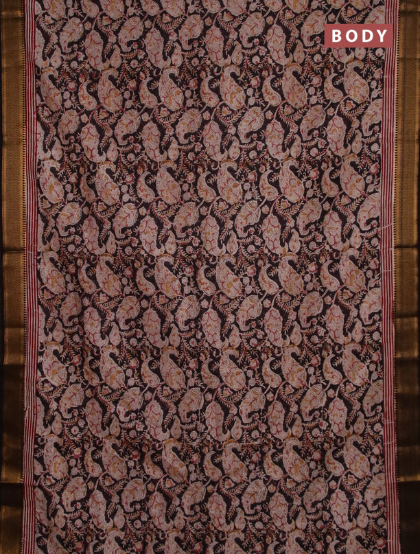 Semi mangalgiri silk saree deep coffee brown and beige maroon with allover kalamkari block prints and zari woven border
