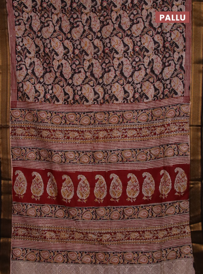 Semi mangalgiri silk saree deep coffee brown and beige maroon with allover kalamkari block prints and zari woven border