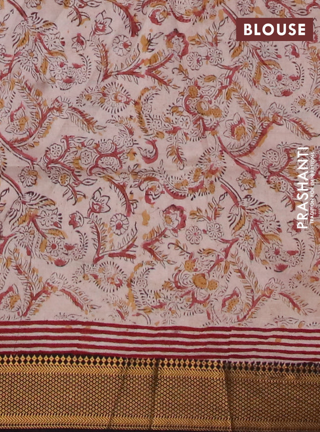 Semi mangalgiri silk saree deep coffee brown and beige maroon with allover kalamkari block prints and zari woven border