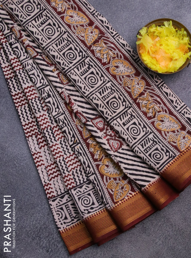 Semi mangalgiri silk saree beige and maroon with allover kalamkari block prints and zari woven border