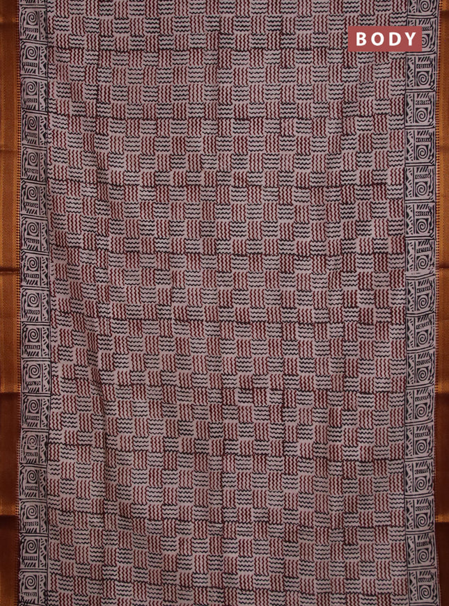 Semi mangalgiri silk saree beige and maroon with allover kalamkari block prints and zari woven border