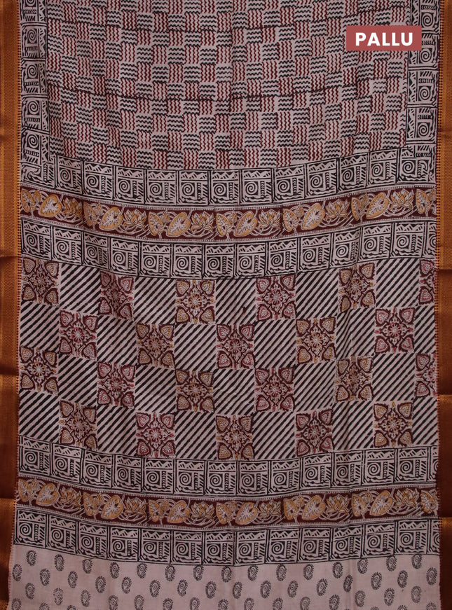 Semi mangalgiri silk saree beige and maroon with allover kalamkari block prints and zari woven border
