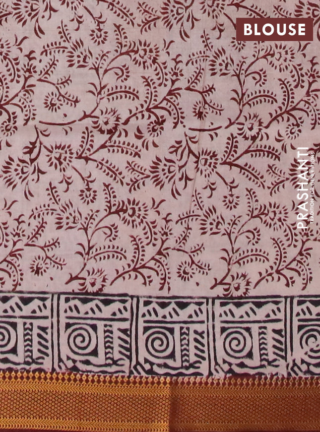 Semi mangalgiri silk saree beige and maroon with allover kalamkari block prints and zari woven border
