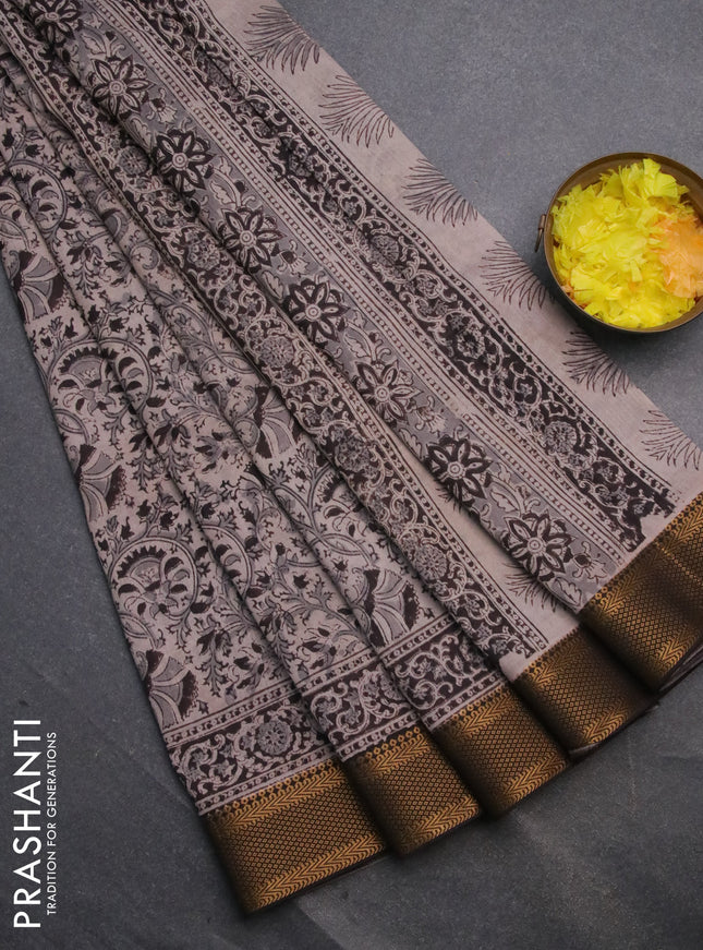 Semi mangalgiri silk saree beige and deep coffee brown with allover kalamkari block prints and zari woven border