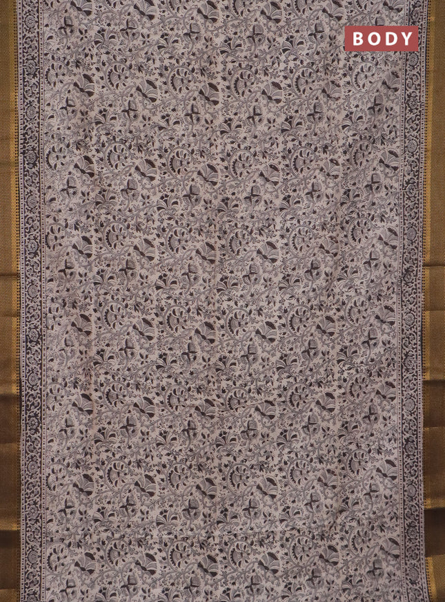 Semi mangalgiri silk saree beige and deep coffee brown with allover kalamkari block prints and zari woven border