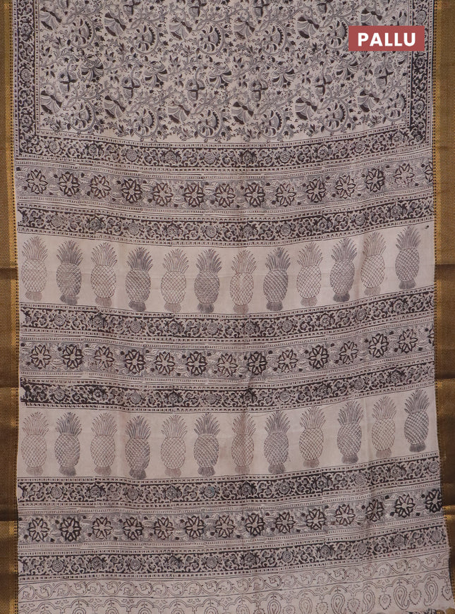 Semi mangalgiri silk saree beige and deep coffee brown with allover kalamkari block prints and zari woven border