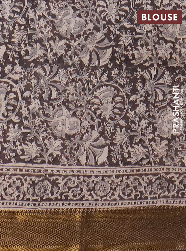 Semi mangalgiri silk saree beige and deep coffee brown with allover kalamkari block prints and zari woven border