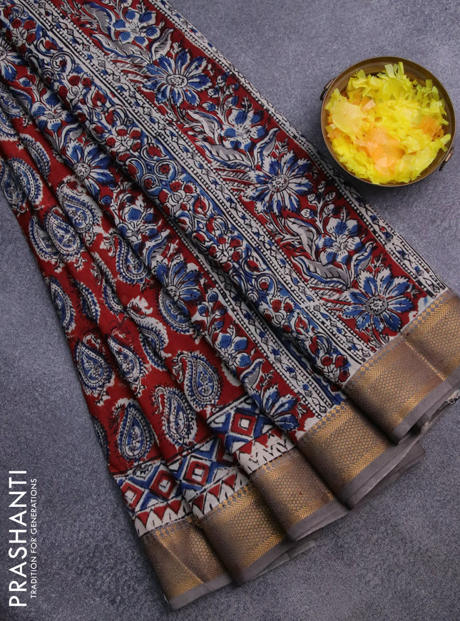 Semi mangalgiri silk saree maroon and grey shade with allover kalamkari block prints and zari woven border