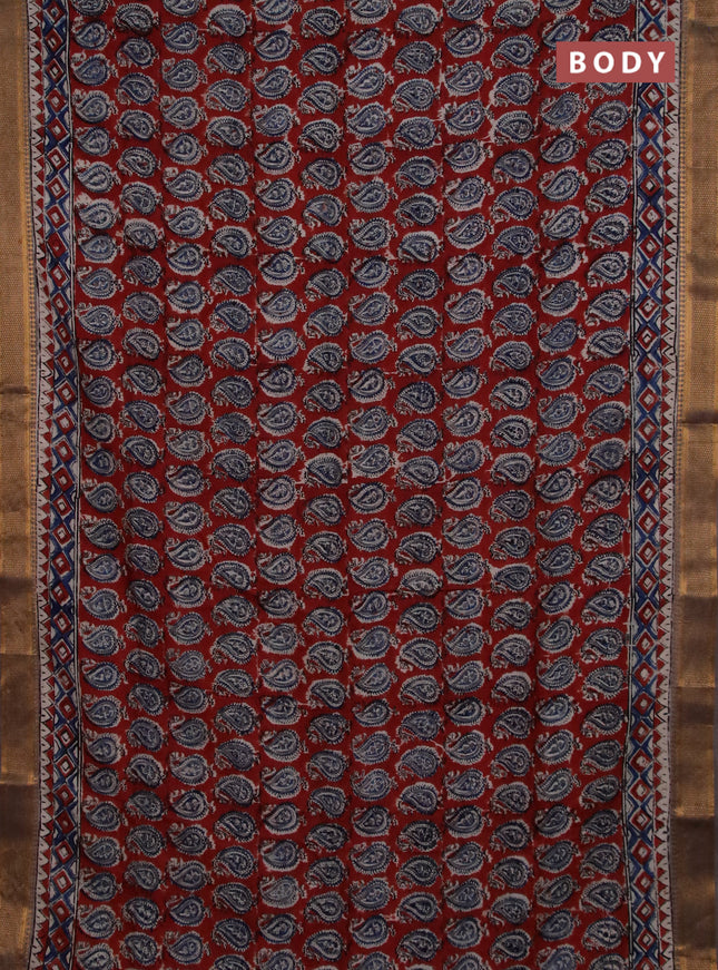 Semi mangalgiri silk saree maroon and grey shade with allover kalamkari block prints and zari woven border