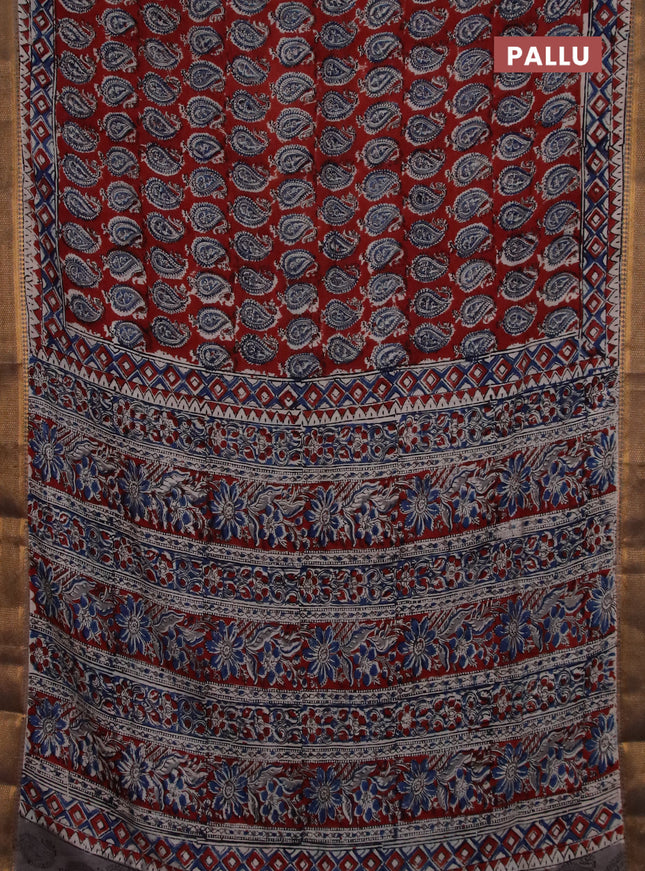 Semi mangalgiri silk saree maroon and grey shade with allover kalamkari block prints and zari woven border