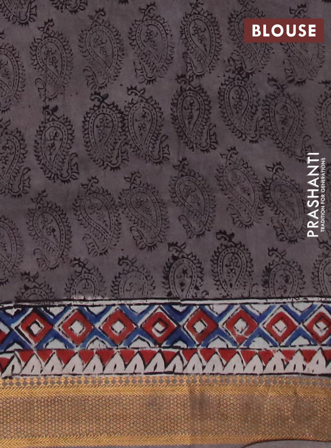 Semi mangalgiri silk saree maroon and grey shade with allover kalamkari block prints and zari woven border