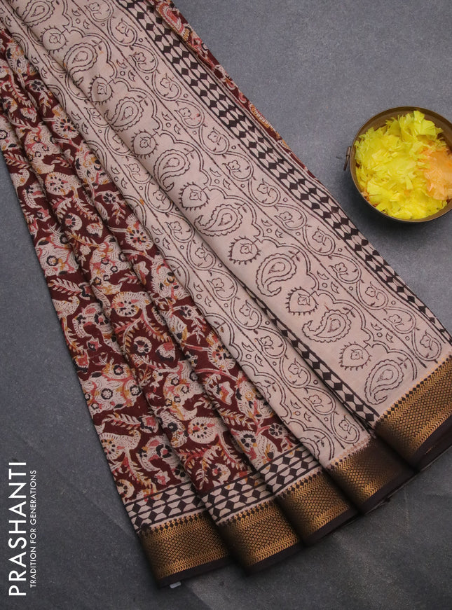 Semi mangalgiri silk saree deep maroon and deep coffee brown with allover kalamkari block prints and zari woven border
